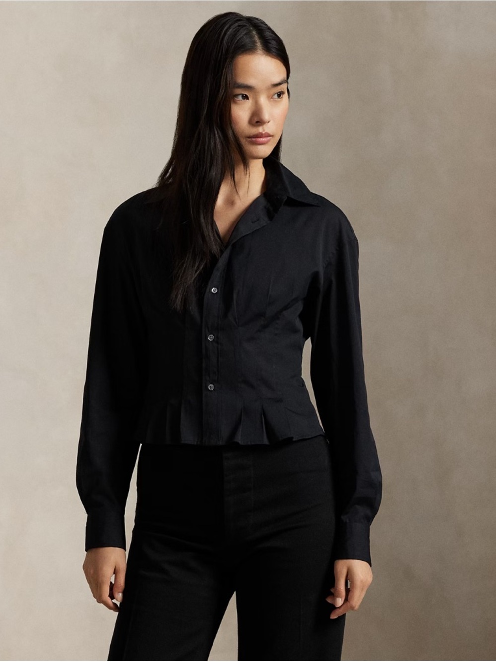 Ralph Lauren seamed cottoBlack Women's Button-Front Shirt - Elegant Tailored Top